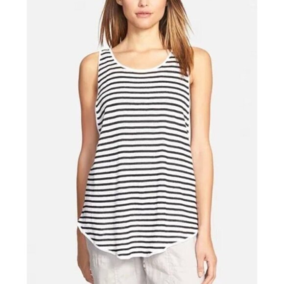 Eileen Fisher Sz S Fine ITALIAN Linen Crepe Stripe Knit Muscle Tank Top Nautical - Picture 1 of 10
